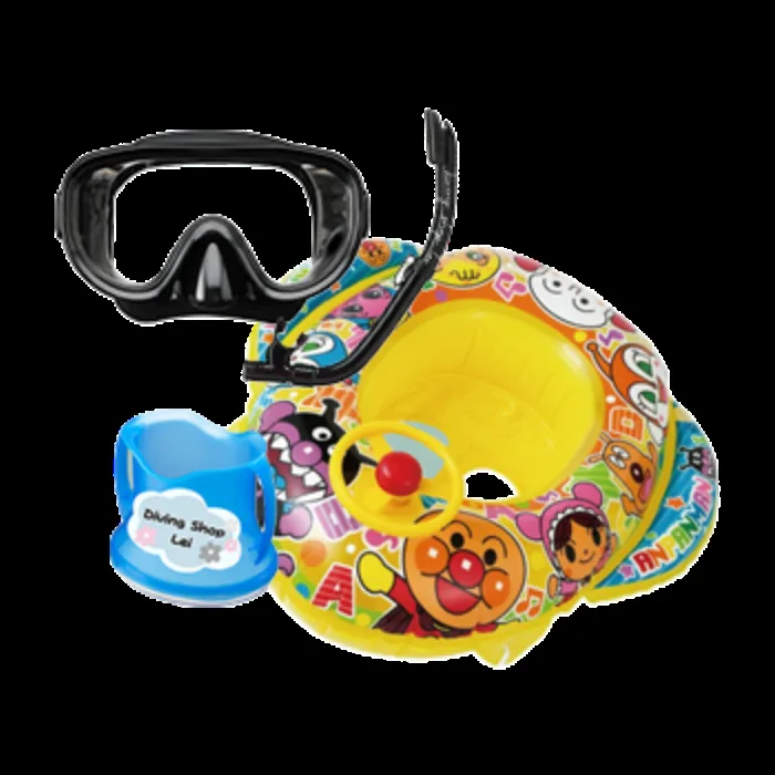 Masque de plongée, tuba et bouée enfantine colorée sur fond noir