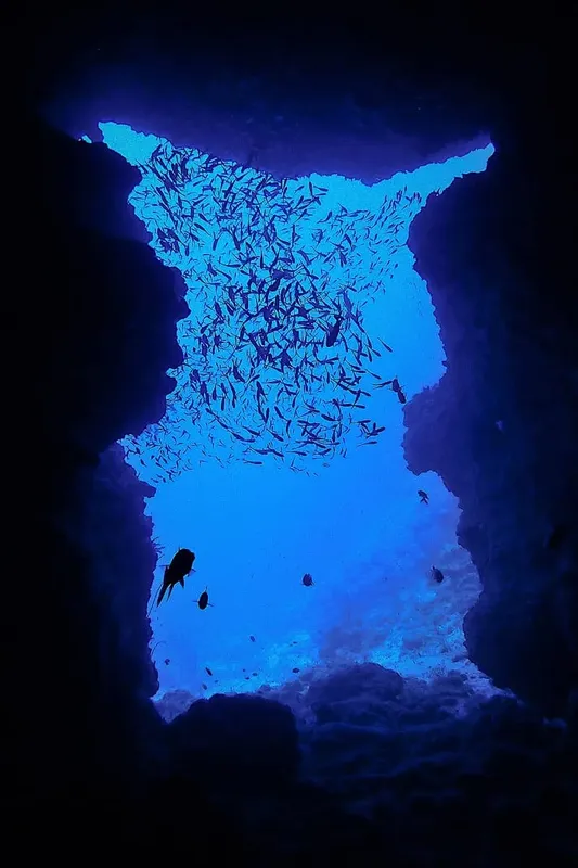 Vue sous-marine d'une grotte illuminée par la lumière et des poissons