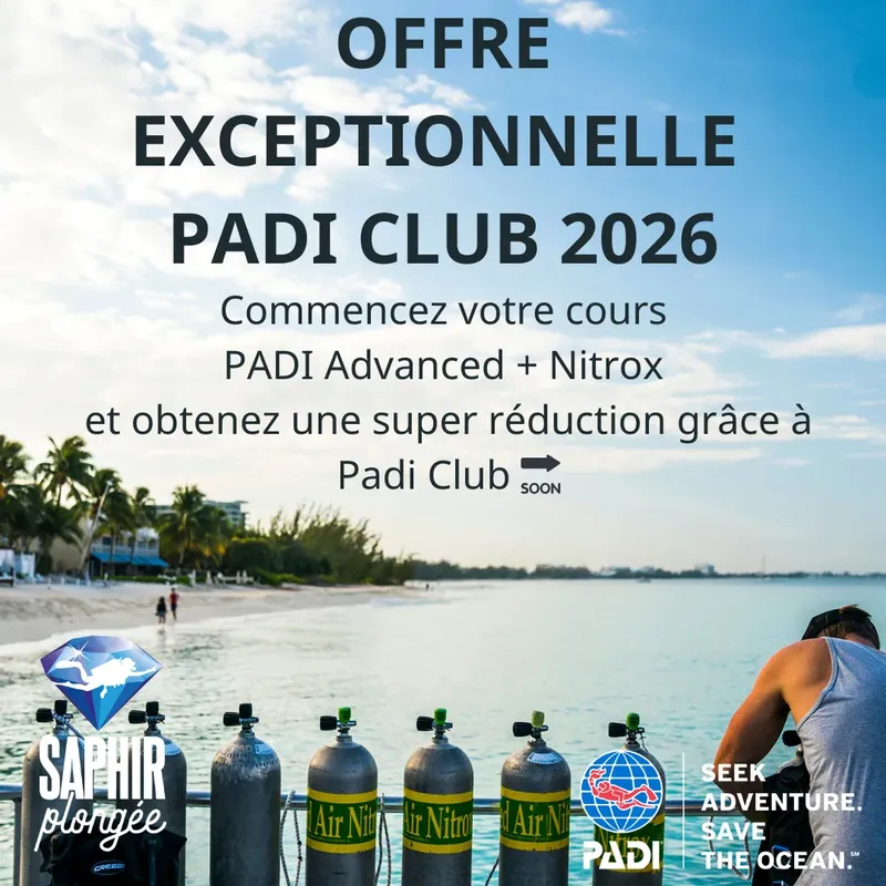 Promotion PADI Club 2026 : cours Advanced et Nitrox avec réduction