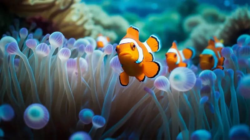 Poissons clowns nageant parmi des anémones de mer colorées et lumineuses