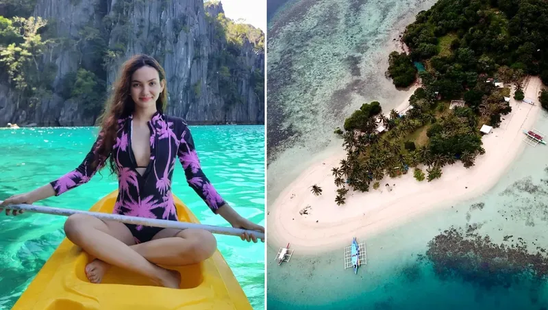 Jeune femme en kayak sur une eau turquoise, paysage tropical