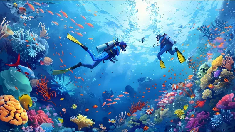 Deux plongeurs explorent un récif corallien coloré avec des poissons