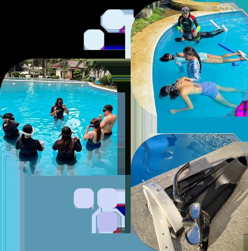 Groupe de personnes en combinaison de plongée dans une piscine
