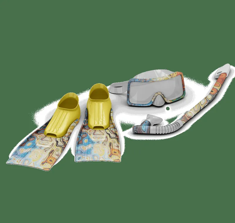 Masque de plongée, palmes jaunes et tuba sur fond vert uni