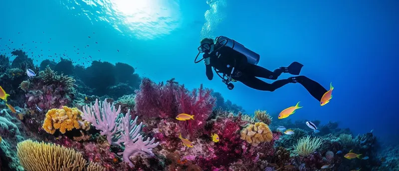 Plongeur explorant un récif corallien coloré avec de nombreux poissons