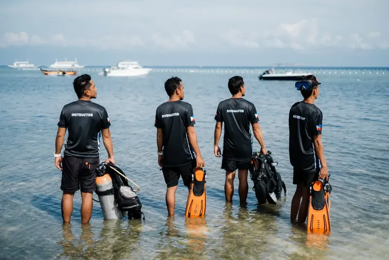 Quatre plongeurs regardent la mer avec leur équipement complet