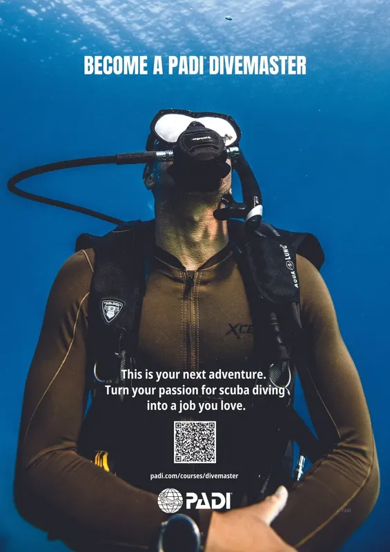 Plongeur avec équipement complet, promotion formation PADI Divemaster sous-marine