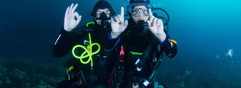 Deux plongeurs souriants font des signes de validation sous l'eau