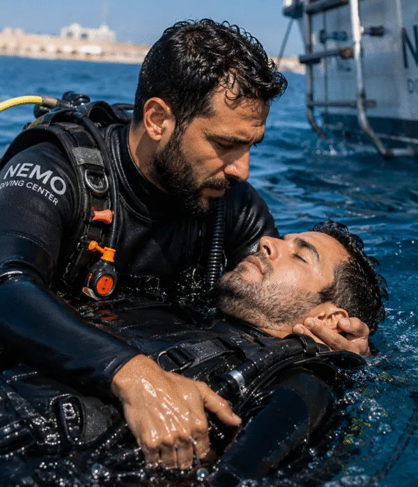 Deux plongeurs en combinaison, l'un aidant l'autre à la surface