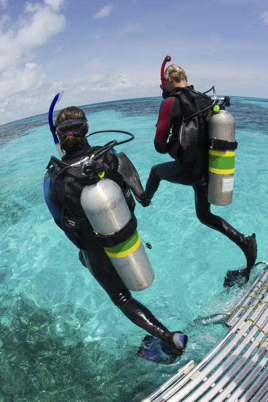 Deux plongeurs s'apprêtent à entrer dans une eau turquoise claire