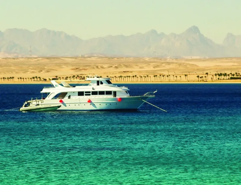 Bateau de plongée blanc amarré en mer, paysage désertique en arrière-plan