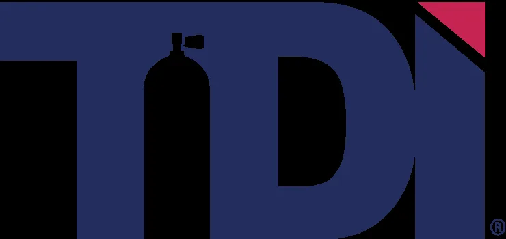 Bouteille de plongée noire sur fond bleu avec logo TDI