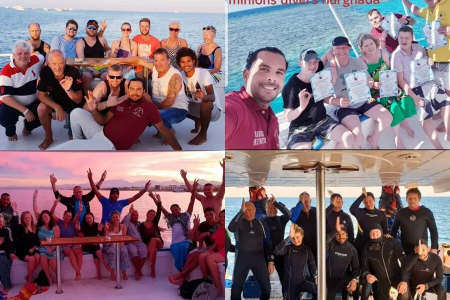 Groupe de plongeurs souriants sur un bateau, célébrant une certification