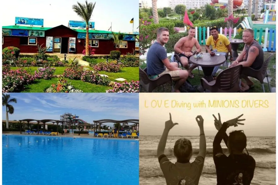 Quatre images : centre de plongée, personnes, piscine, mains formant des signes