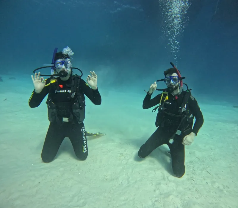Deux plongeurs s'amusent et font des signes sous l'eau