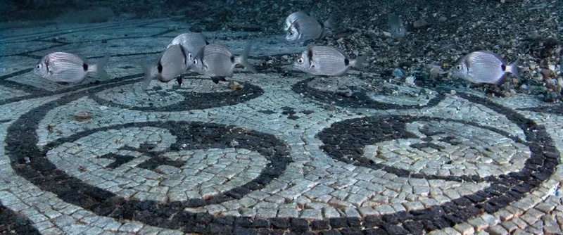 Poissons nageant au-dessus d'une mosaïque romaine sous-marine bien conservée