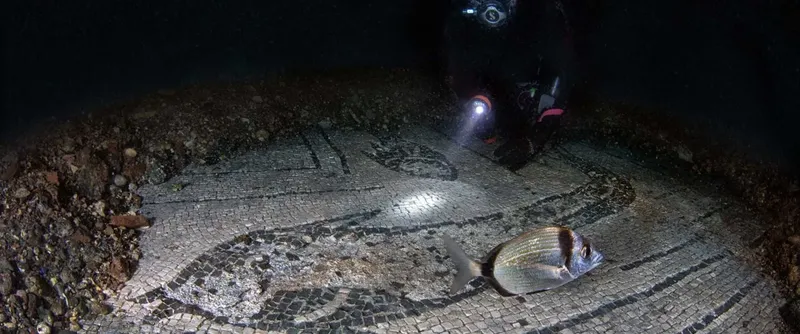 Un poisson nage au-dessus d'une ancienne mosaïque romaine sous-marine