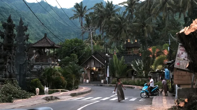 Route de village avec des passants, végétation luxuriante et bâtiments