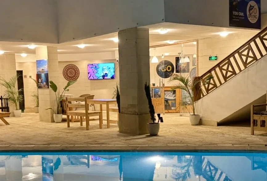 Espace détente intérieur avec tables, chaises, plantes et affiches de plongée
