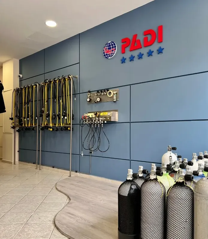 Intérieur d'un centre de plongée avec matériel et logo PADI visible