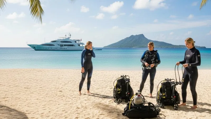 Trois plongeuses en combinaison sur une plage avec équipement