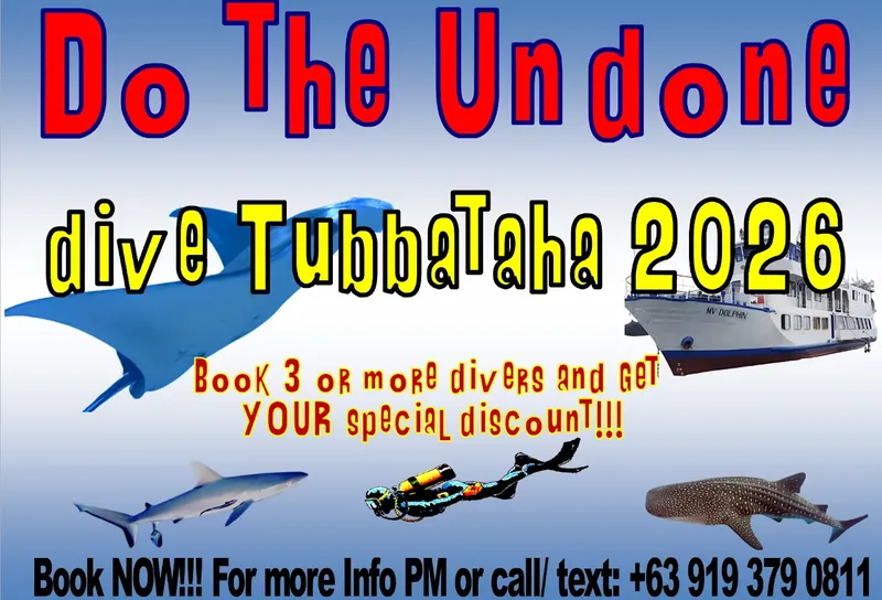 Promotion plongée Tubbataha 2026 avec requins, bateau et plongeur