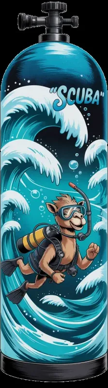 Illustration d'un singe plongeur sur une bouteille de plongée bleue