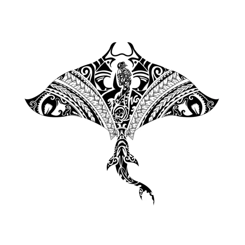 Raie manta stylisée en motifs tribaux polynésiens, illustration graphique