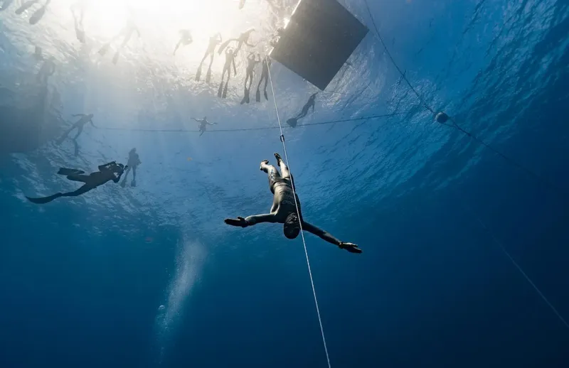 Plongeurs en apnée évoluent dans une eau bleue et lumineuse
