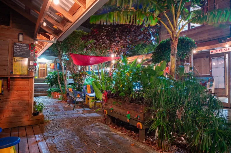 Terrasse ombragée avec végétation tropicale, mobilier de jardin et éclairages