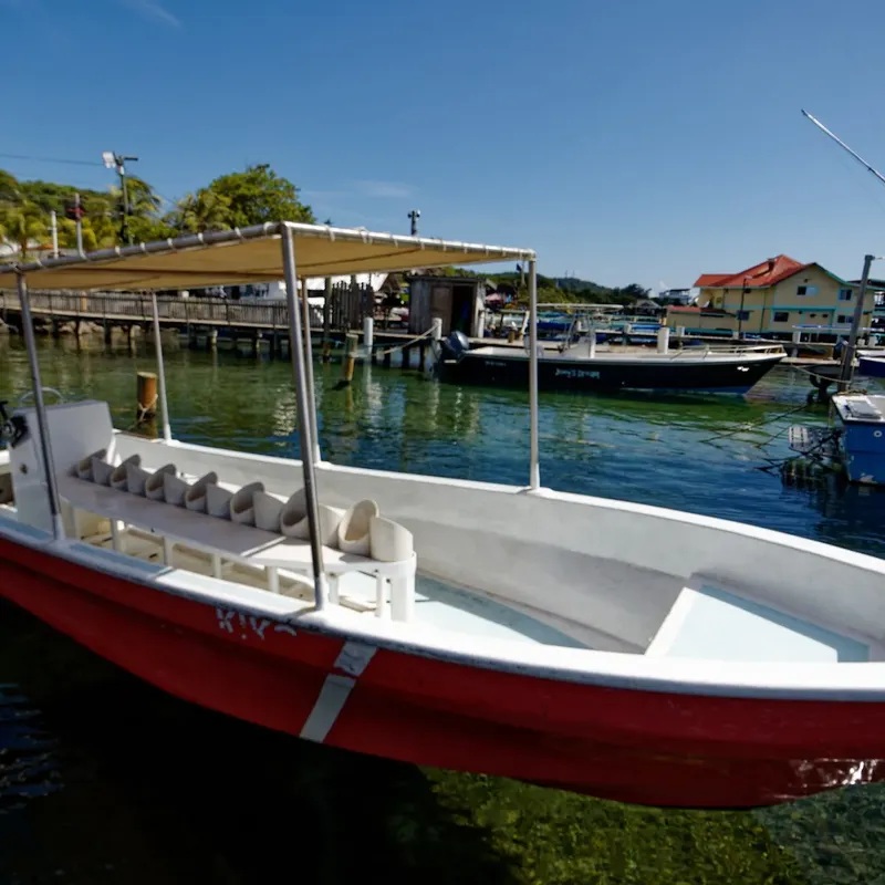 Bateau de plongée rouge et blanc amarré à un ponton ensoleillé