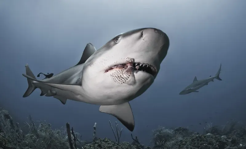 Deux requins de récif nagent dans l'eau bleue, prédateurs marins