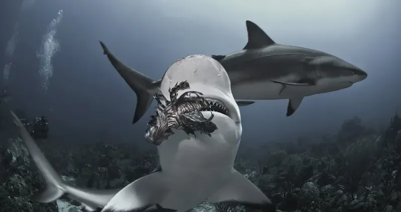 Deux requins, un grand requin blanc et un requin zébré, en mer