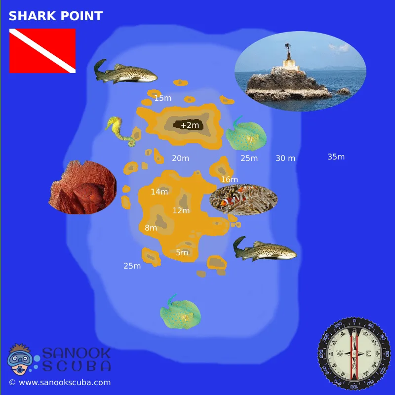 Carte de plongée sous-marine avec faune, profondeur et points d'intérêt