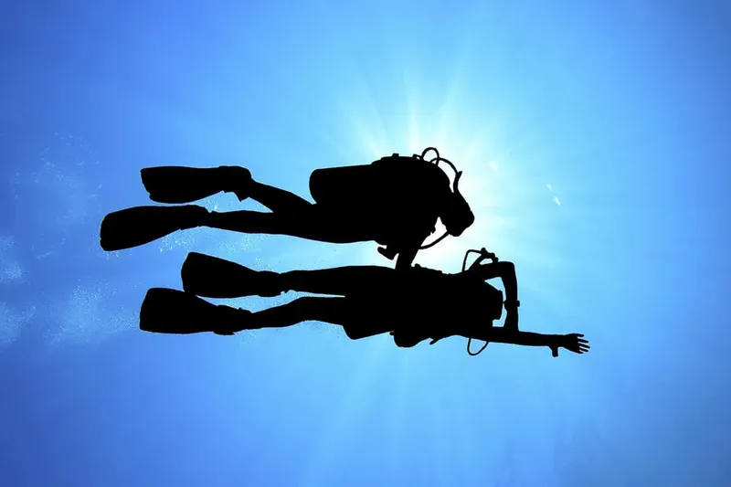 Deux plongeurs en silhouette explorent les profondeurs sous un soleil éclatant