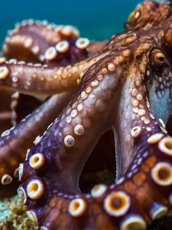 Gros plan d'une pieuvre marine avec ses ventouses et son oeil