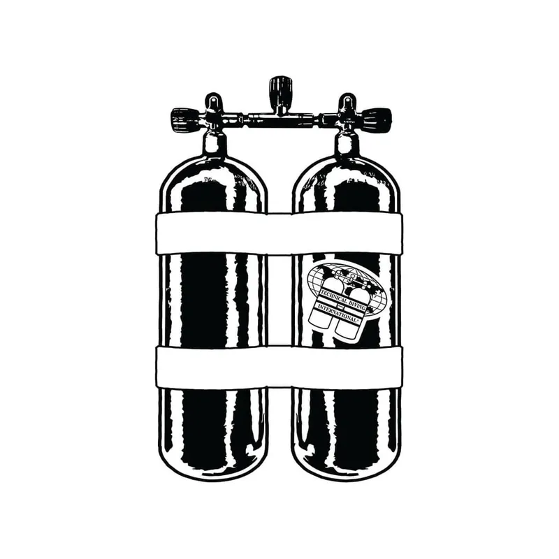 Deux bouteilles de plongée reliées avec un raccord et un logo
