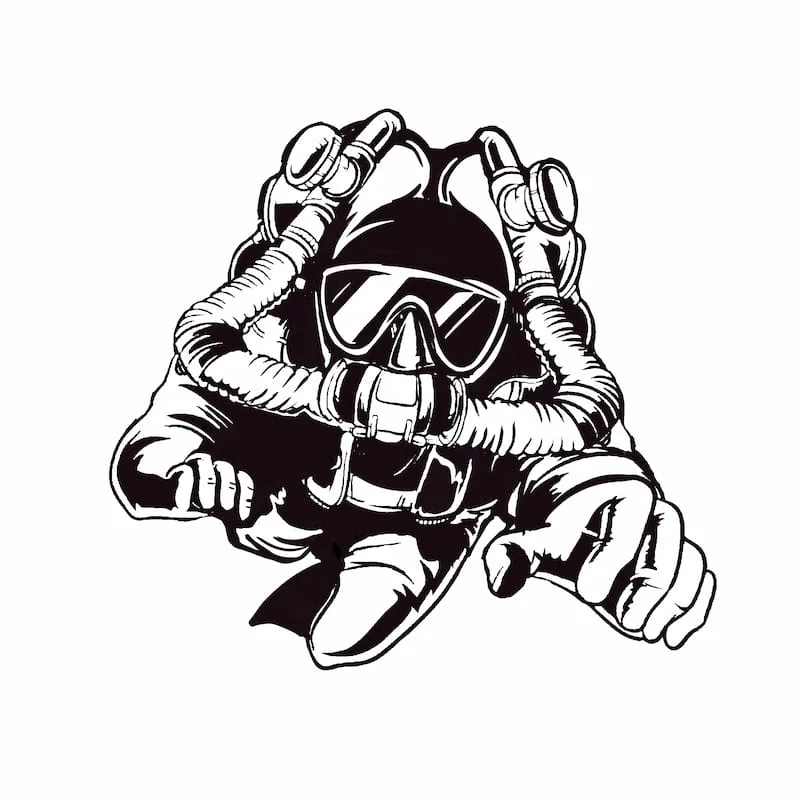 Illustration d'un plongeur en scaphandre vintage, style dessin vectoriel noir et blanc