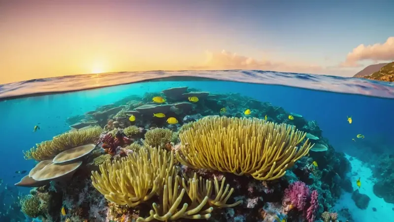 Recif corallien coloré avec poissons et ciel au coucher du soleil