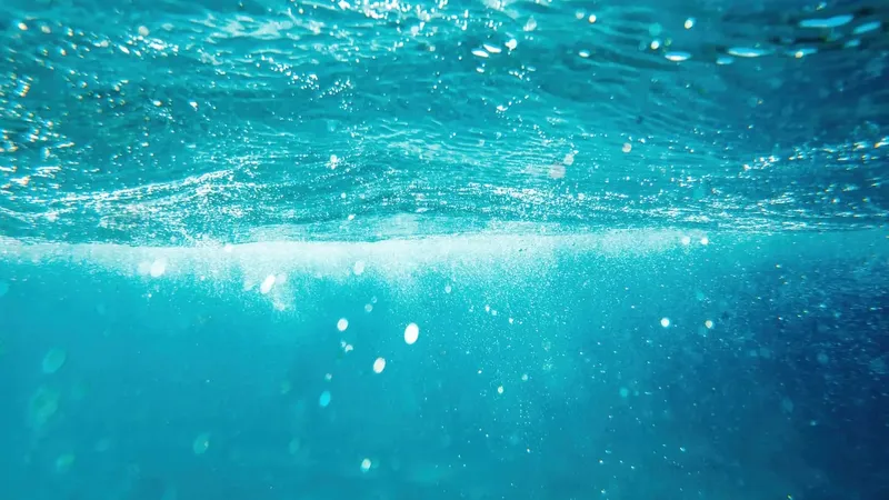 Vue sous-marine avec la surface de l'eau et des bulles lumineuses