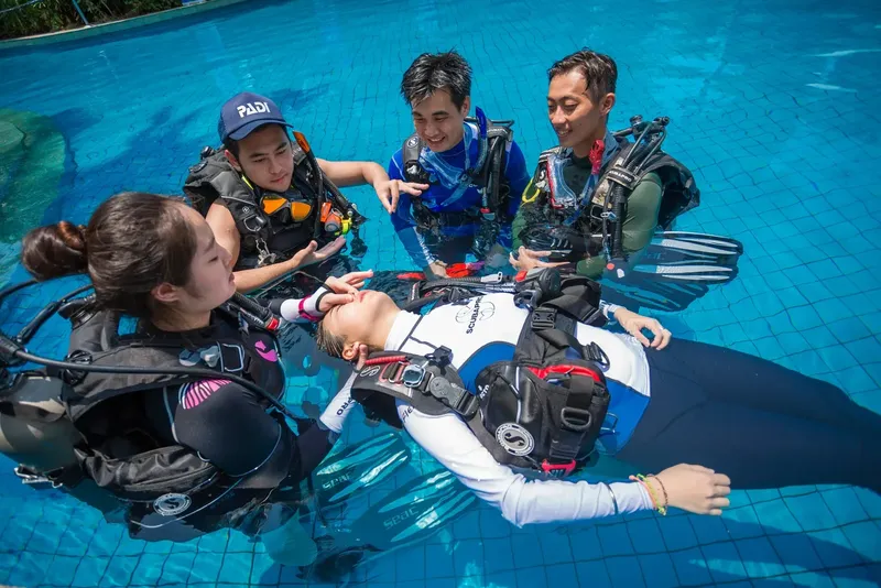 Quatre personnes aident une plongeuse à s'équiper dans une piscine