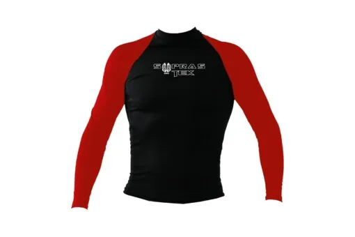 Rashguard noir et rouge avec logo, équipement de plongée technique