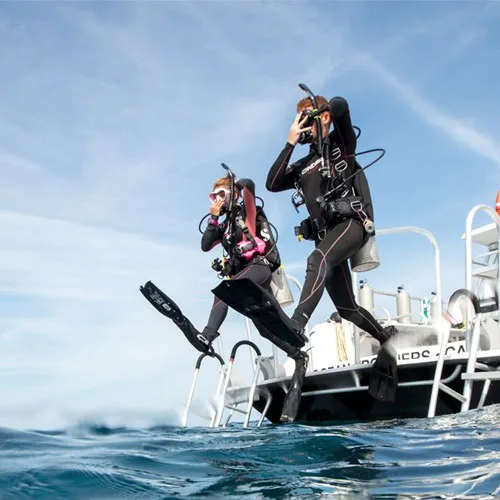 Deux plongeurs s'apprêtent à entrer dans l'eau depuis un bateau