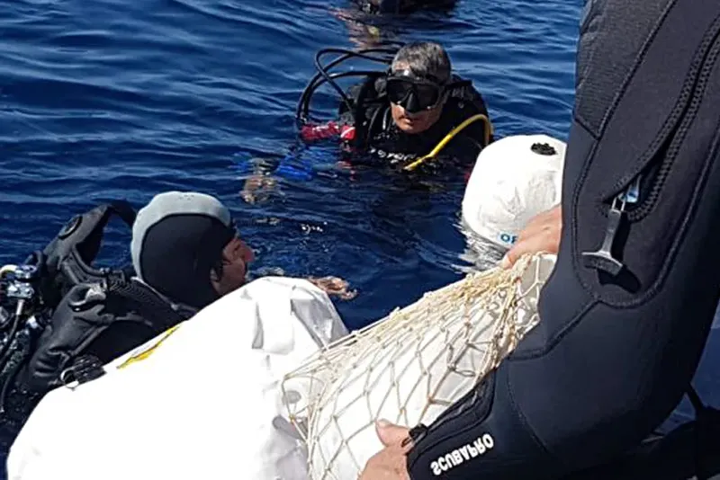 Plongeurs en surface, échangeant avec une personne sur un flotteur blanc