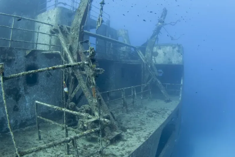 Epave de bateau rouillé sous l'eau, colonisée par la vie marine