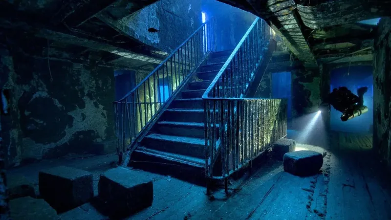Plongeur explorant un escalier dans une épave sous-marine éclairée