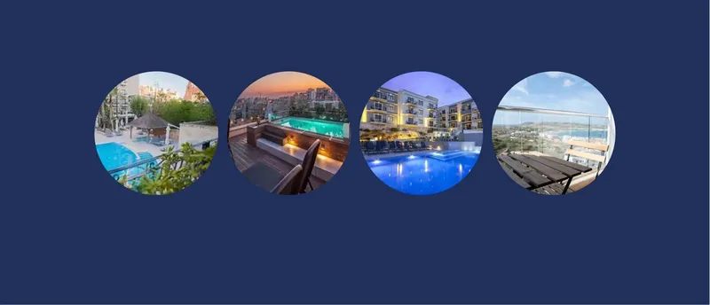 Quatre vues de piscines et bâtiments avec éclairage nocturne