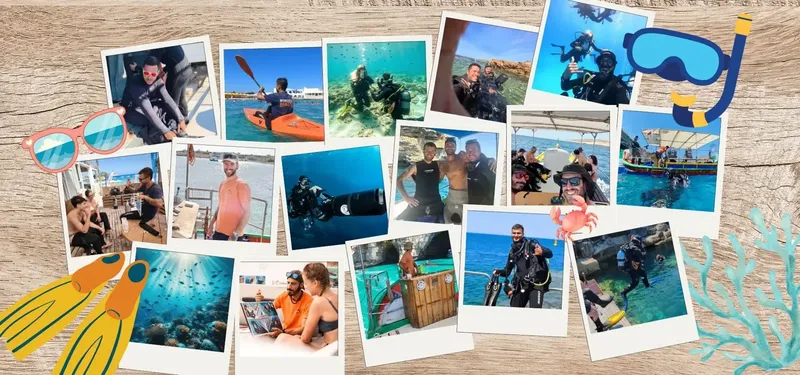 Collage de photos de plongees sous-marines et d'activites nautiques estivales