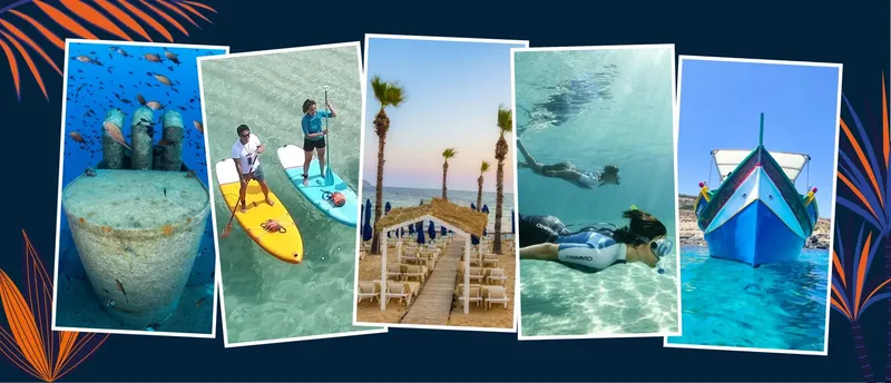 Diverses activités nautiques : plongée, paddle, plage et bateau en mer