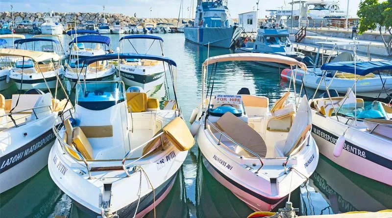 Plusieurs bateaux à moteur amarrés dans un port ensoleillé